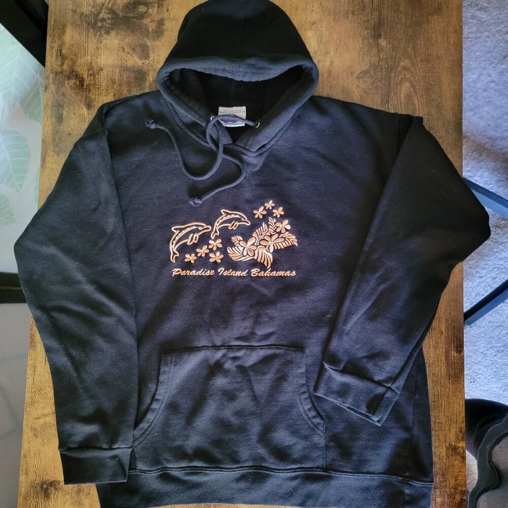 Embroidered Pink Paradise Island Bahamas Black Hoodie SZ Small Vintage